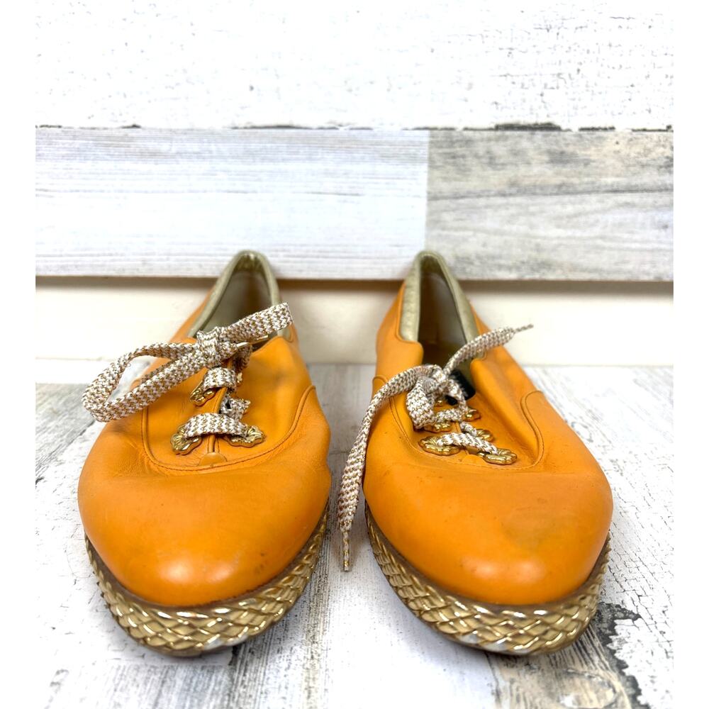 Vintage 1980s Bally Womens 9.5 Mustard Yellow Gold Leather Lace Up Sneakers - Picture 3 of 8
